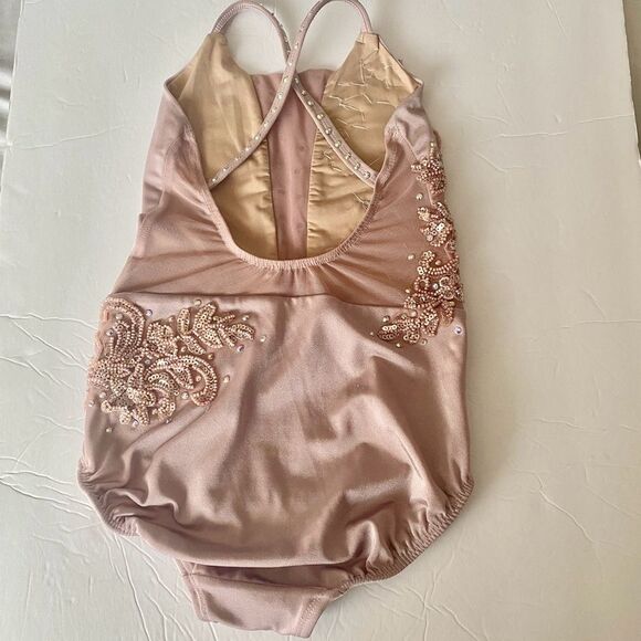 Custom solo custom dance costume leotard blush mauve rhinestone MC med child - Picture 5 of 14